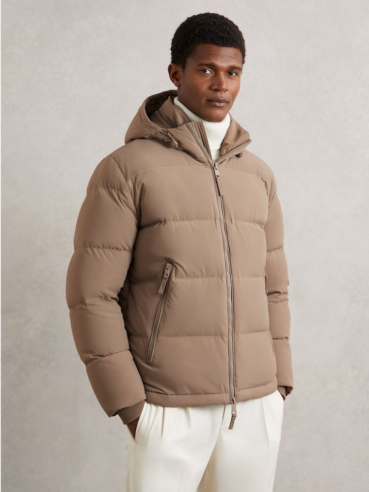 reiss Quilted Zip-Through Puffer Jacket in Light Camel Brown