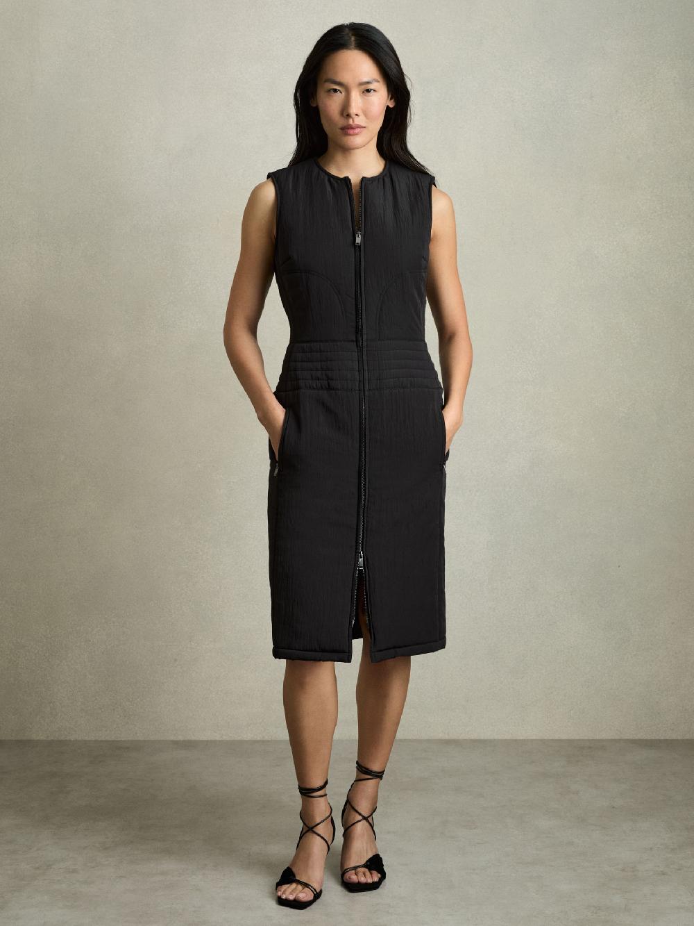 Reiss Quilted Zip-Through Sleeveless Dress In Black
