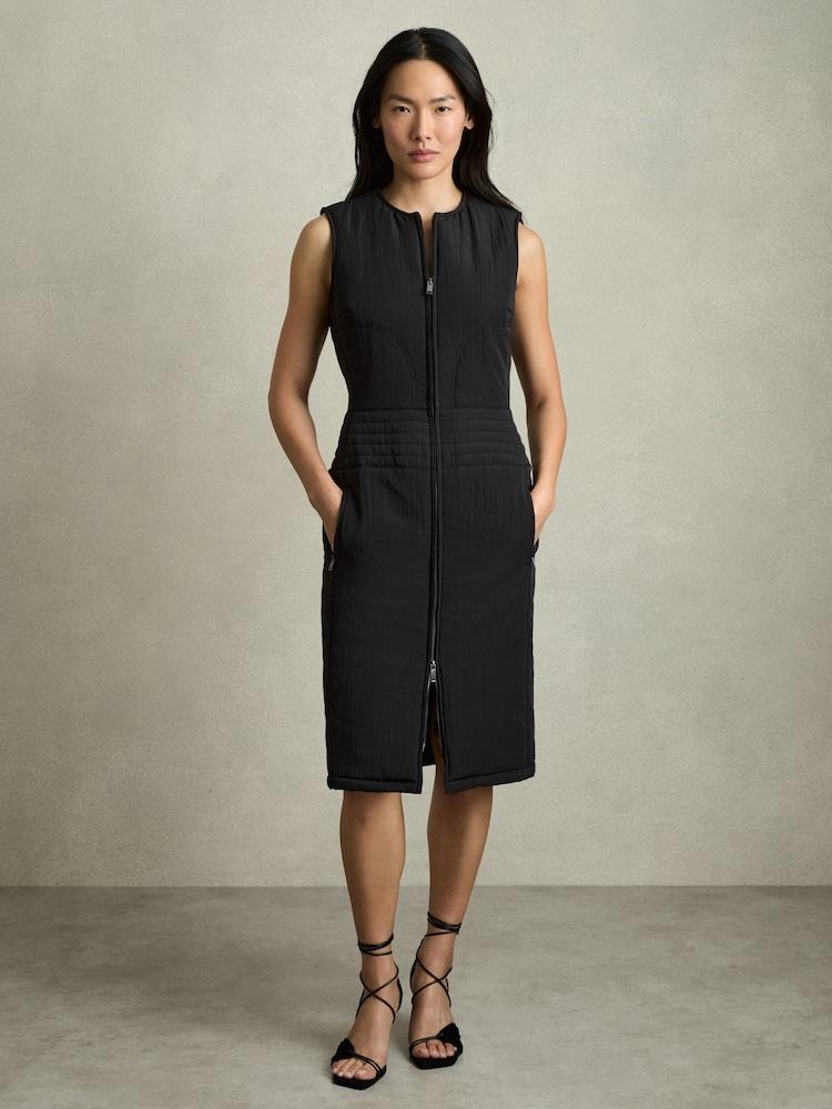 reiss Quilted Zip-Through Sleeveless Dress in Black