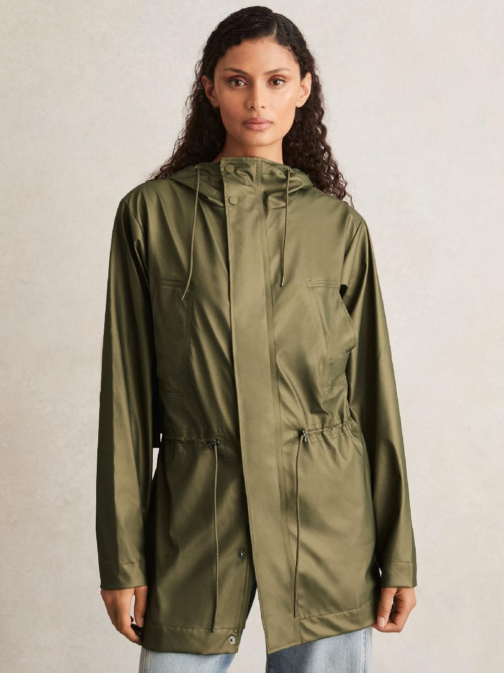 Reiss Rains Long Hooded Jacket In Revel Brass Green