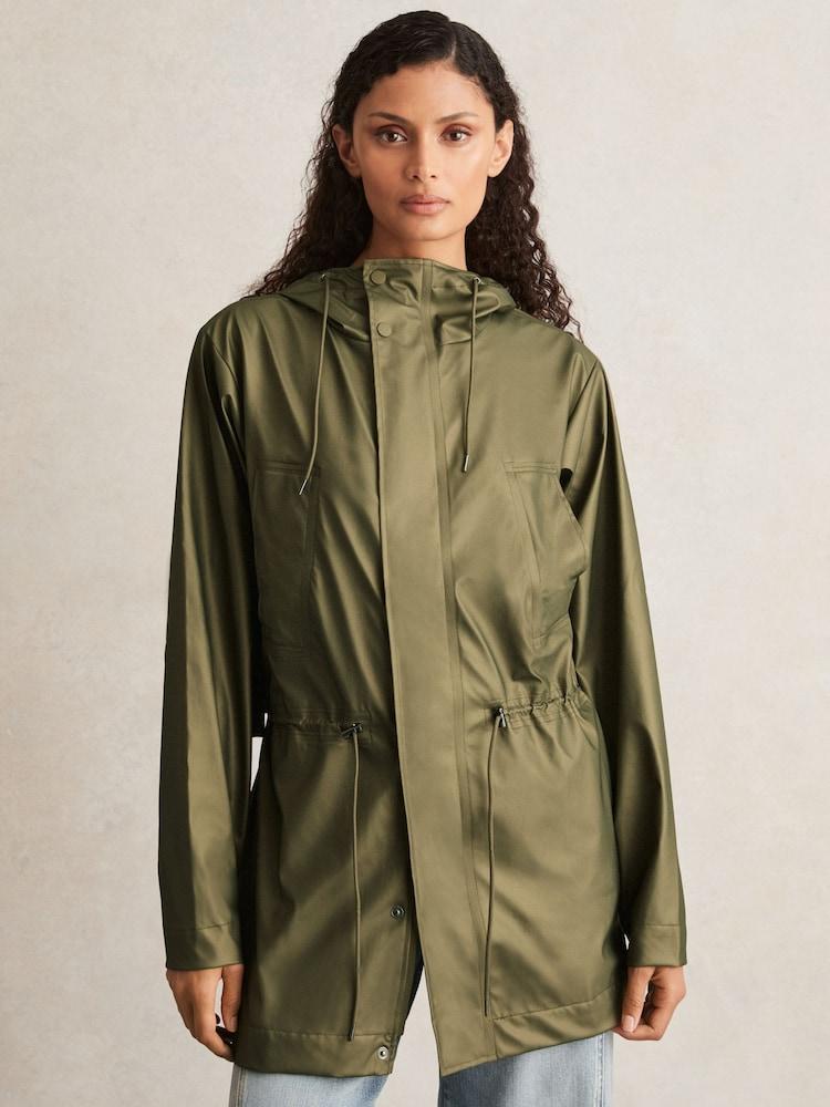reiss Rains Long Hooded Jacket in Revel Brass Green