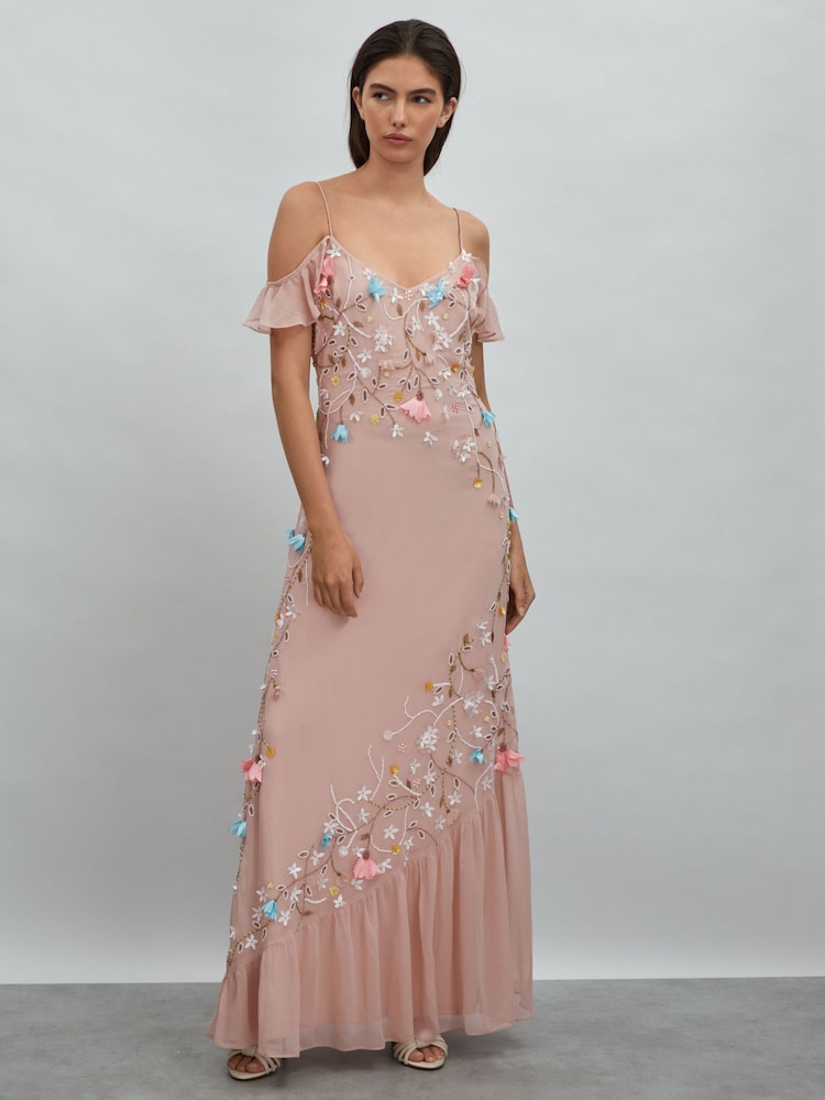 reiss Raishma Embellished Floral Maxi Dress in Light Pink