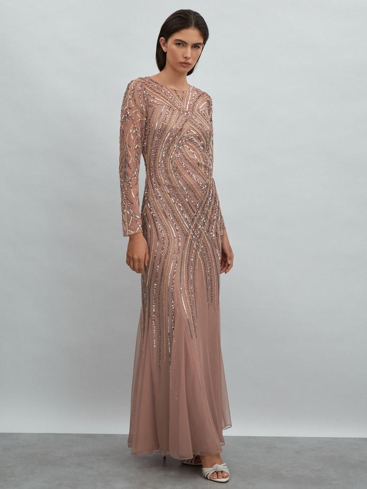 reiss Raishma Embellished Tulle Maxi Dress in Champagne