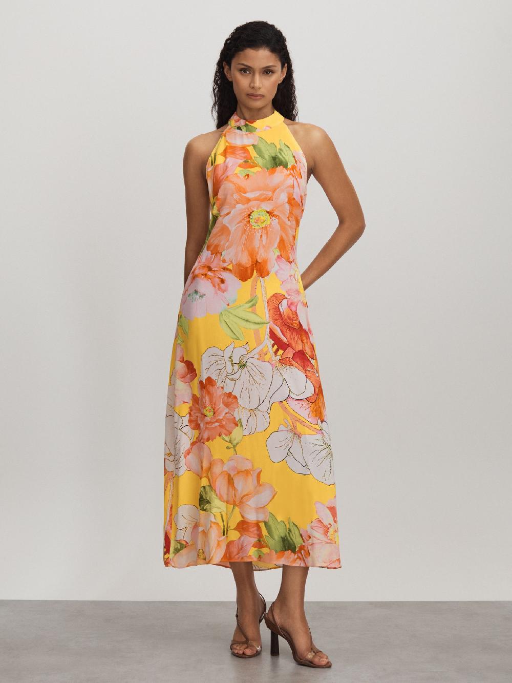 Reiss Raishma Silk Halter Neck Midi Dress In Pale Yellow