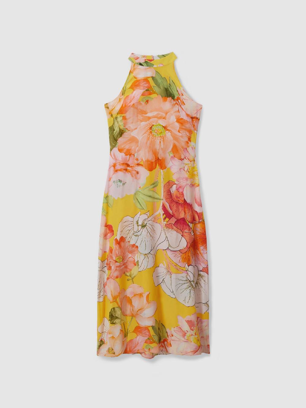 Reiss Raishma Silk Halter Neck Midi Dress In Pale Yellow