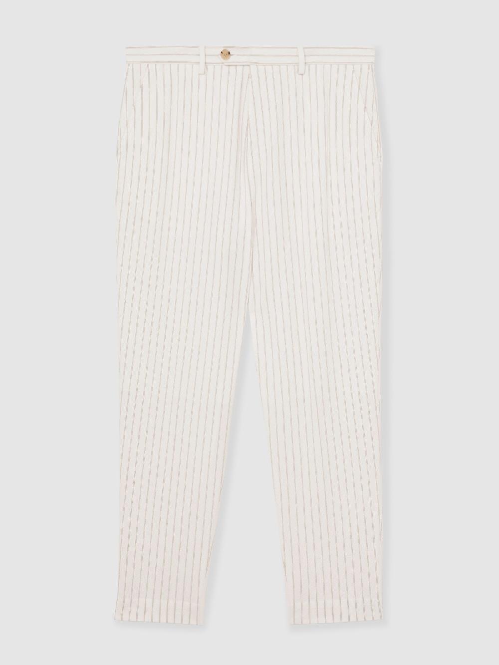 Reiss Regular-Fit Cotton-Blend Pinstripe Trousers In Off White/Taupe Brown