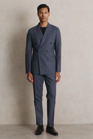 Reiss Regular-Fit Double-Breasted Sharkskin Wool-Blend Suit Blazer In Airforce Blue