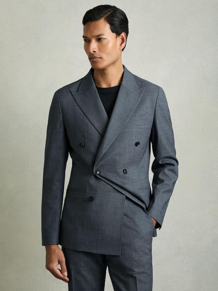 reiss Regular-Fit Double-Breasted Sharkskin Wool-Blend Suit Blazer in Airforce Blue