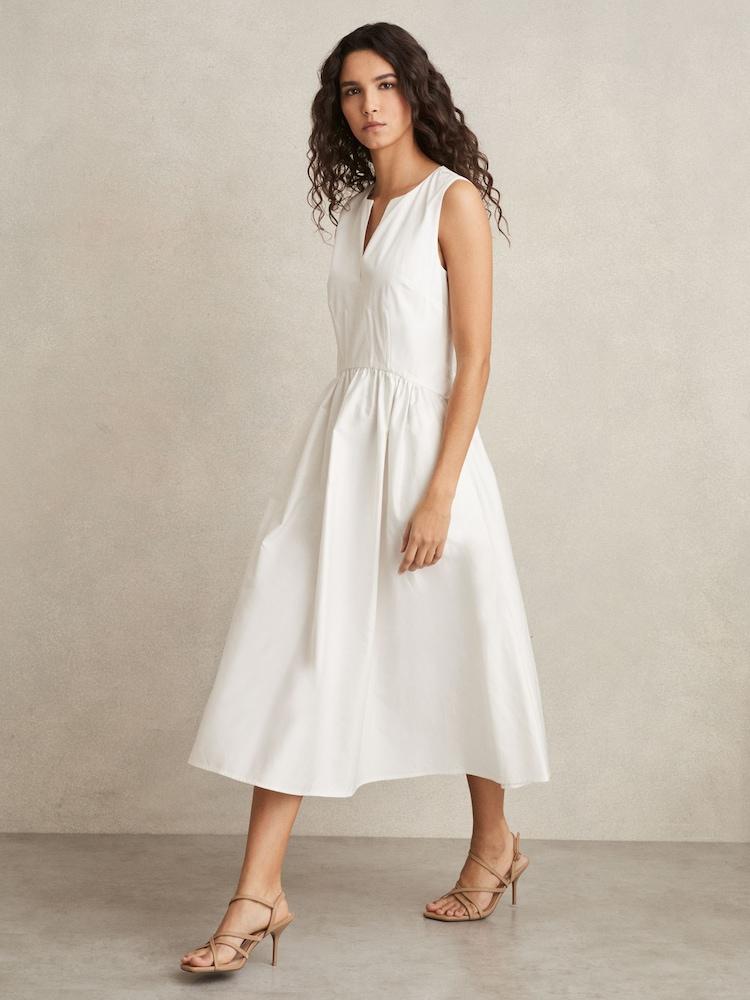 reiss 100% Cotton Corset Midi Dress in Ivory