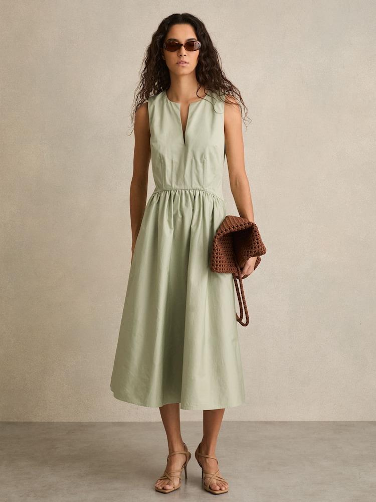 reiss 100% Cotton Corset Midi Dress in Sage