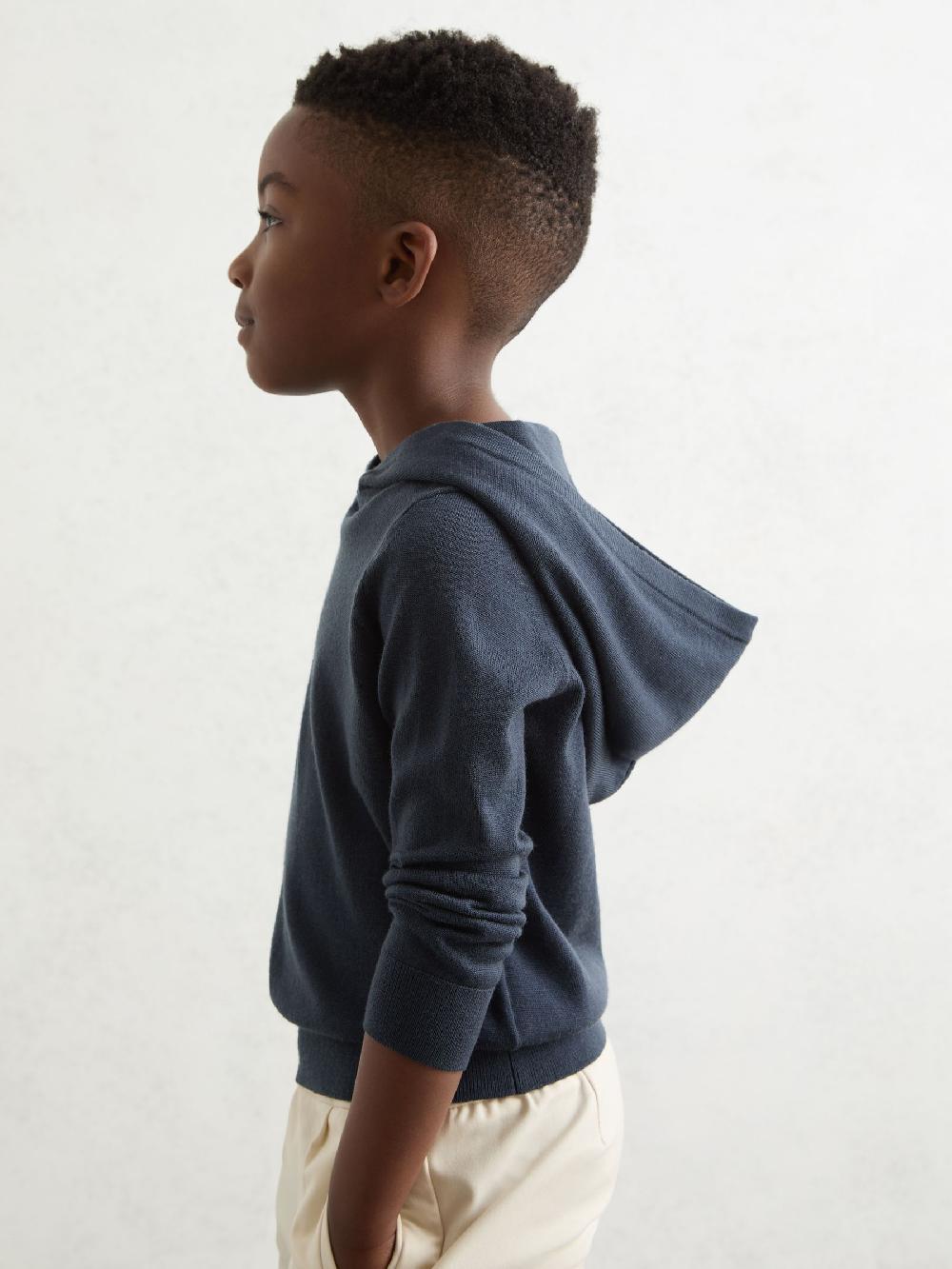 Reiss 9-13 Yrs Merino Wool Hoodie In Midnight Navy