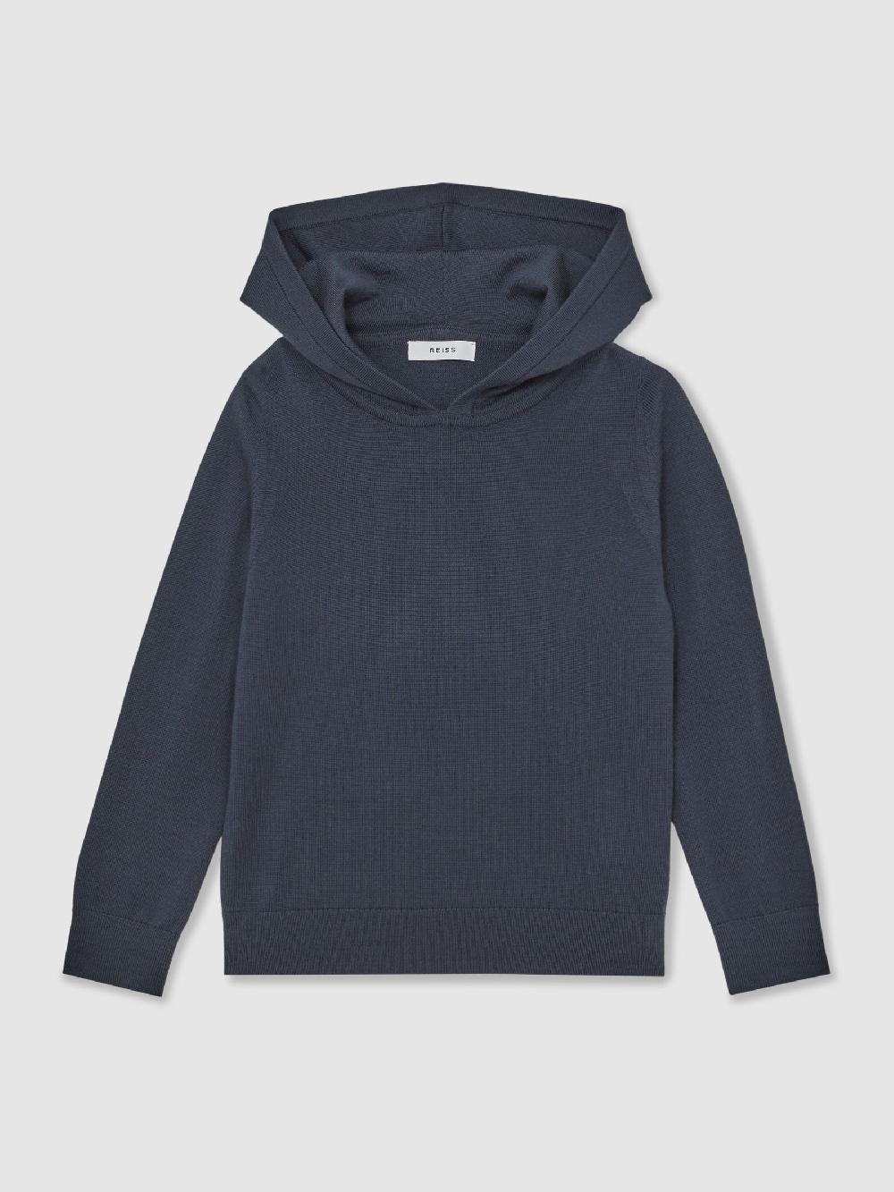 Reiss 9-13 Yrs Merino Wool Hoodie In Midnight Navy