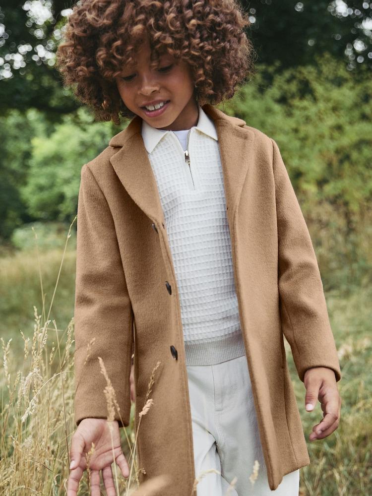 reiss 9-13 yrs Single Breasted Overcoat in Camel
