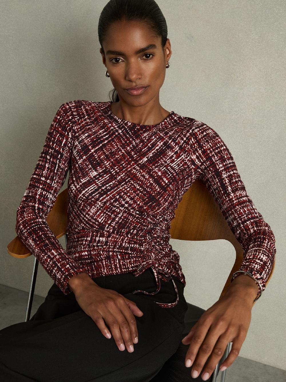 Reiss Abstract-Print Ruched-Jersey Top In Red