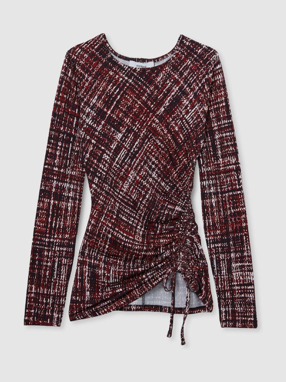 Reiss Abstract-Print Ruched-Jersey Top In Red