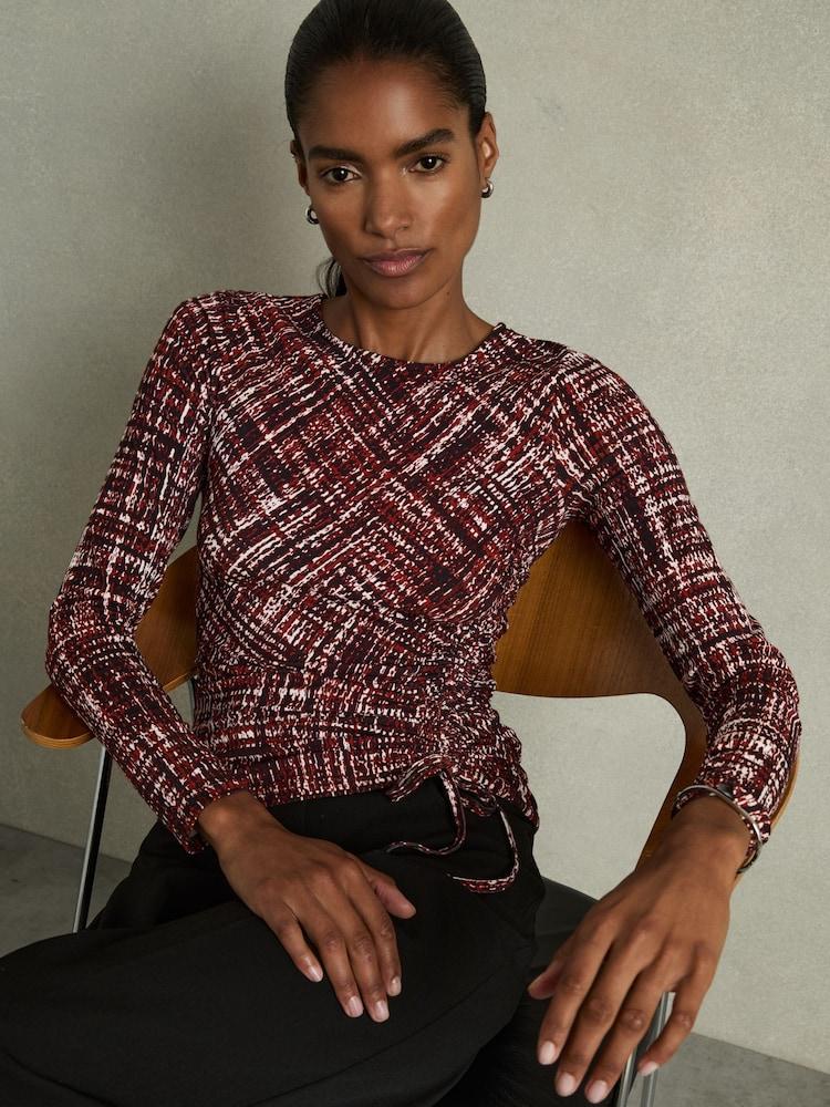 reiss Abstract-Print Ruched-Jersey Top in Red