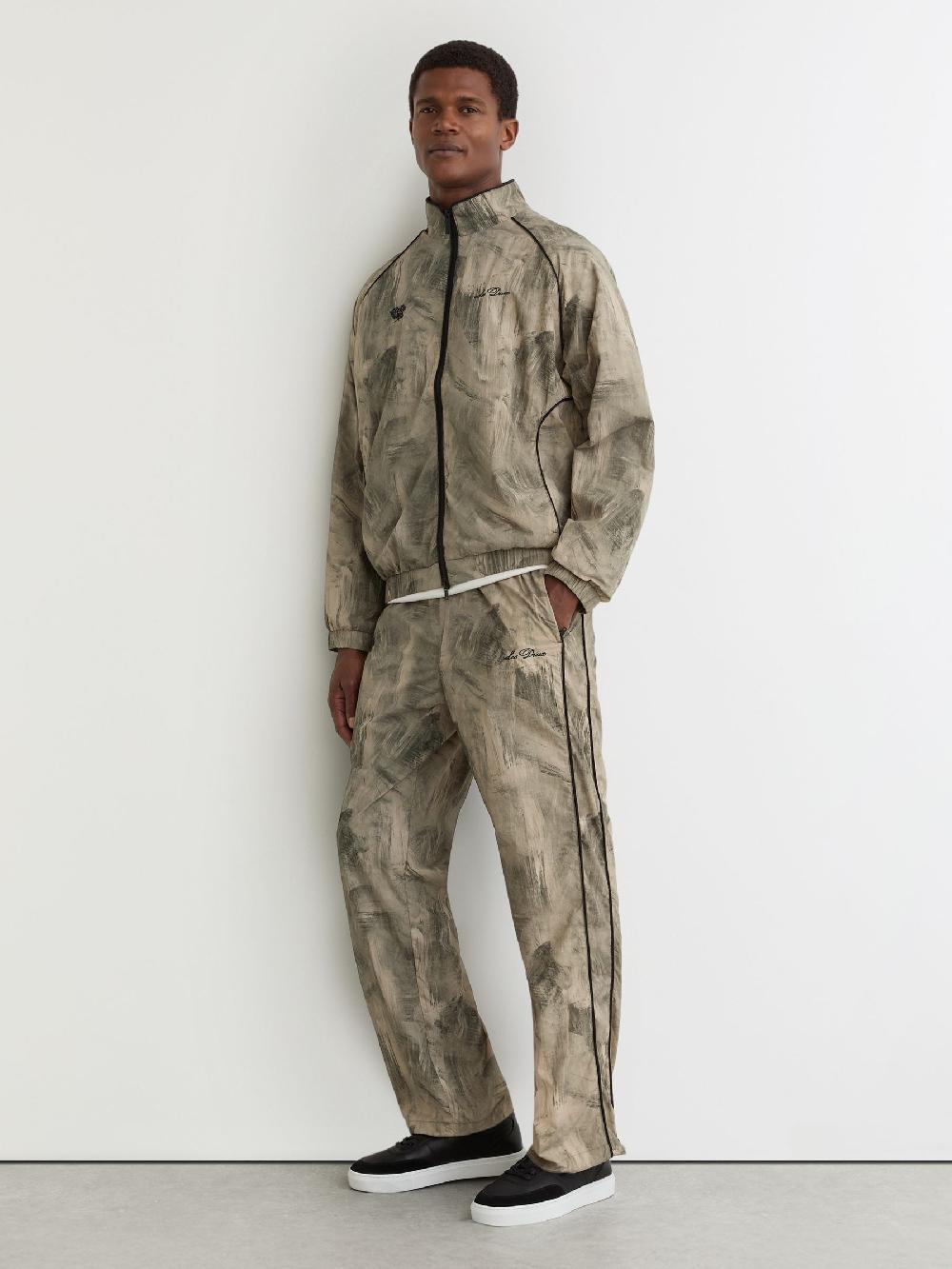 Reiss Abstract-Print Track Trousers In Dark Sand