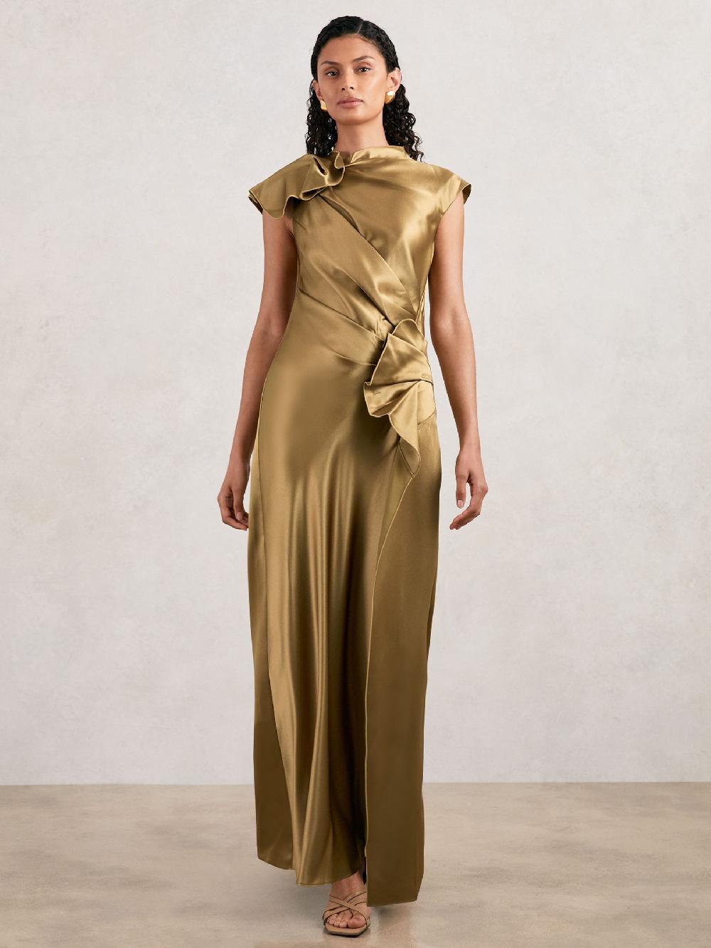 Reiss Acler Draped Satin Midi Dress In Gold Moss