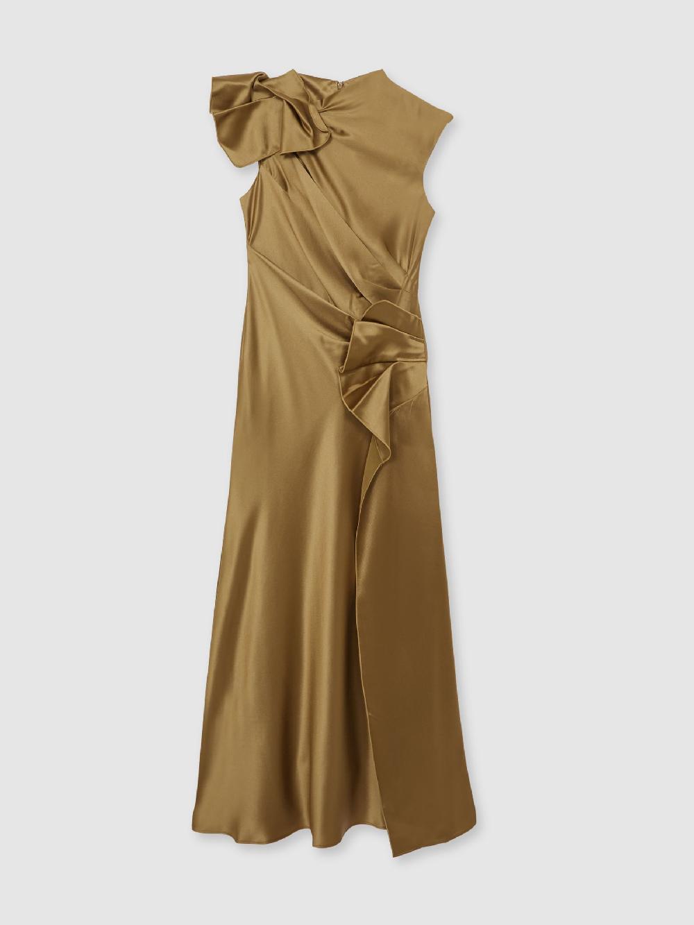 Reiss Acler Draped Satin Midi Dress In Gold Moss