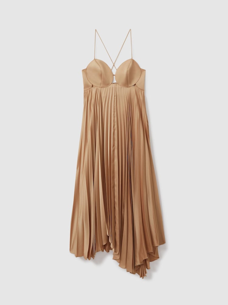 reiss Acler Pleated Asymmetric Midi Dress in Gold