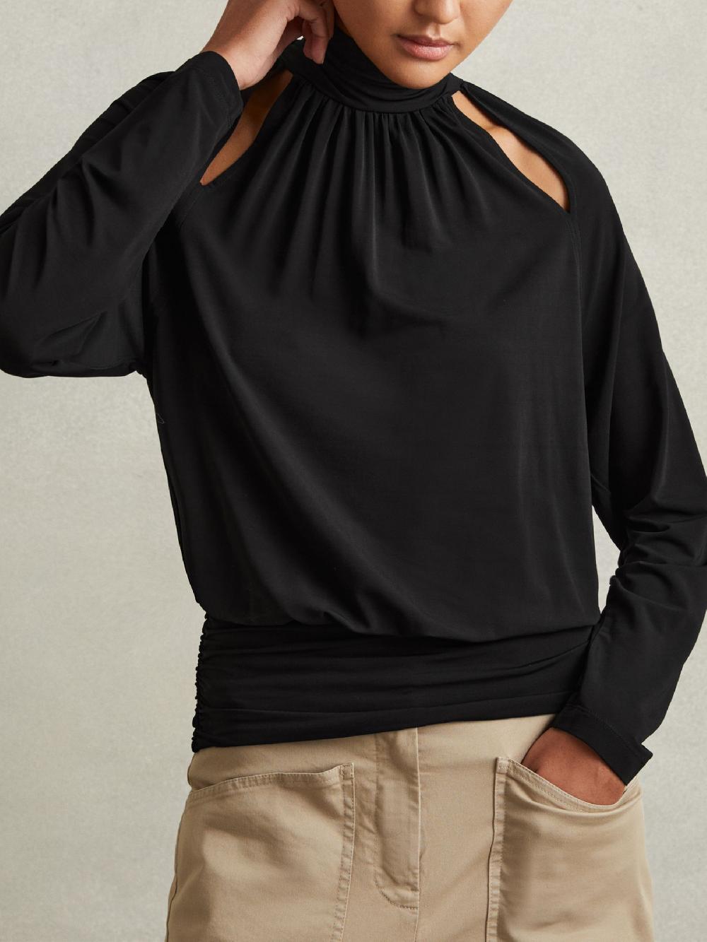Reiss Adrienne Black Cut-Out Blouson Waist Top