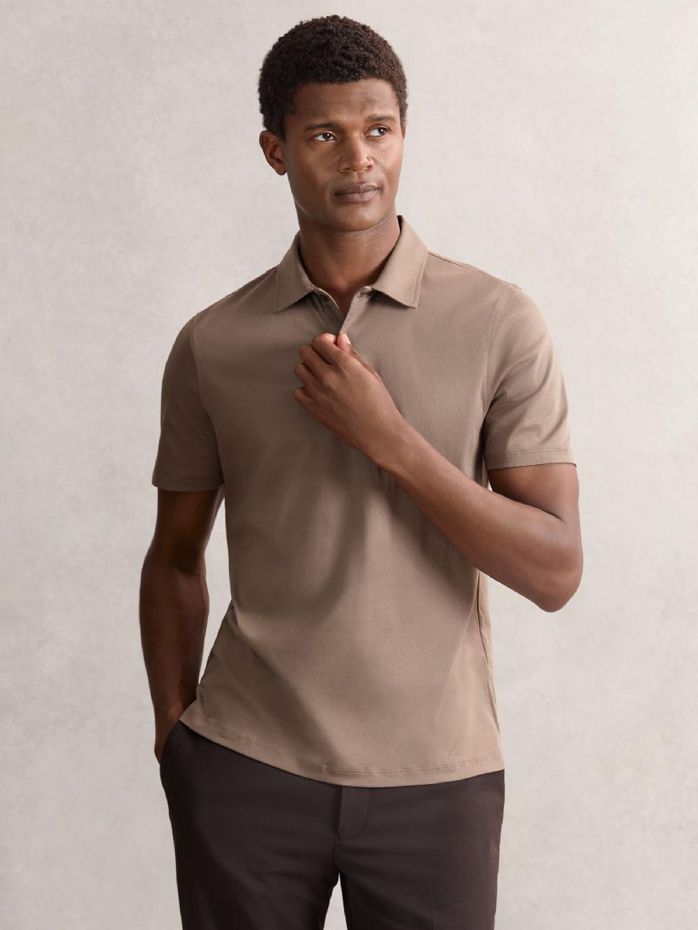 Reiss Air-Water Cotton Polo Shirt In Taupe Brown
