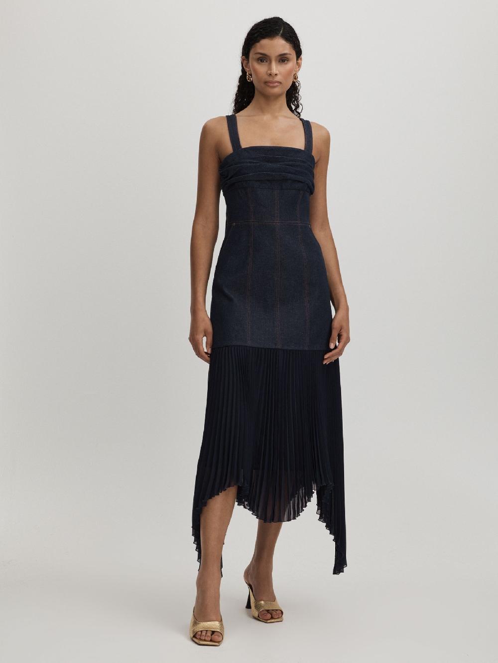 Reiss Amur Hybrid Denim Maxi Dress In Indigo