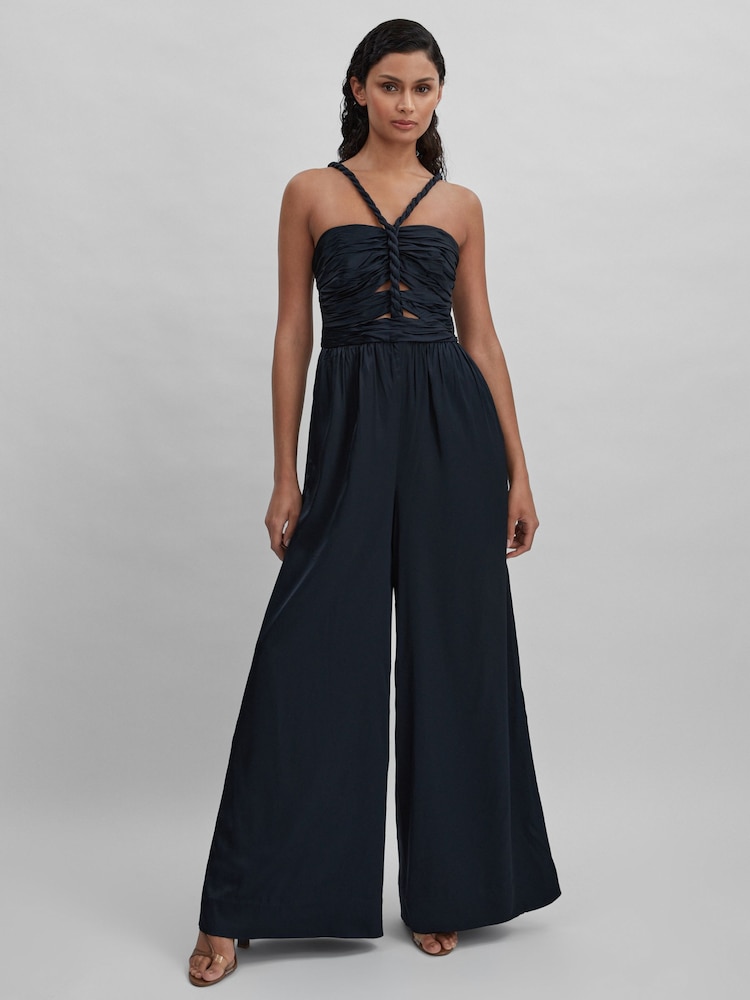 reiss Amur Ruche Detail Wide Leg Jumpsuit in Navy