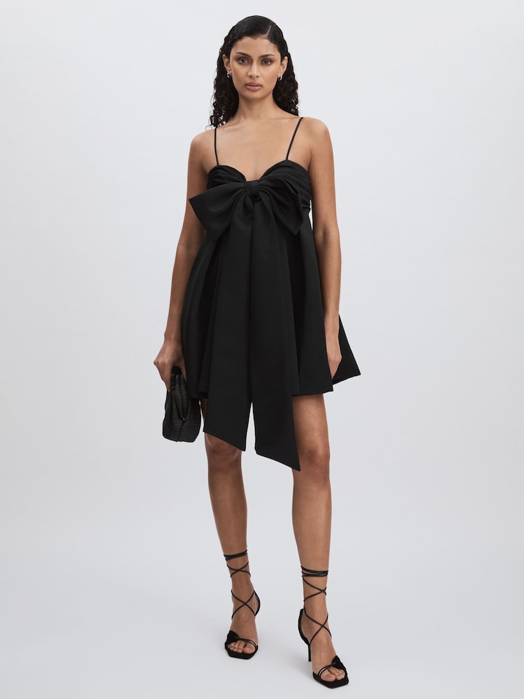 reiss Amur Satin Babydoll Bow Dress in Black