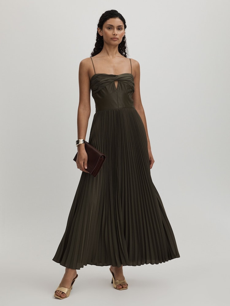reiss Amur Twist Pleated Maxi Dress in Olive