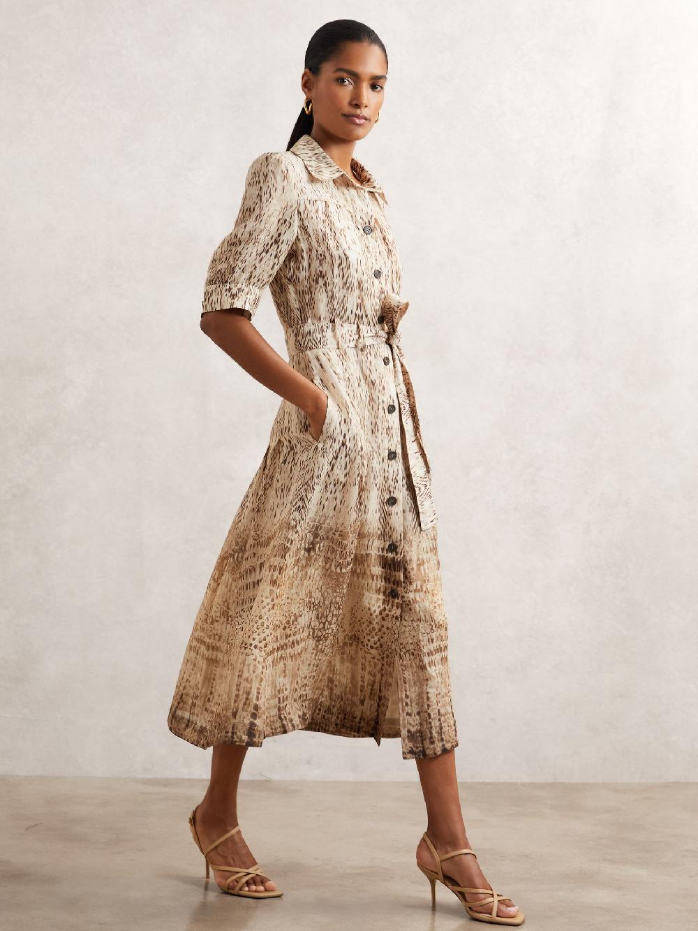 Reiss Animal-Print Belted Shirt Dress In Neutral