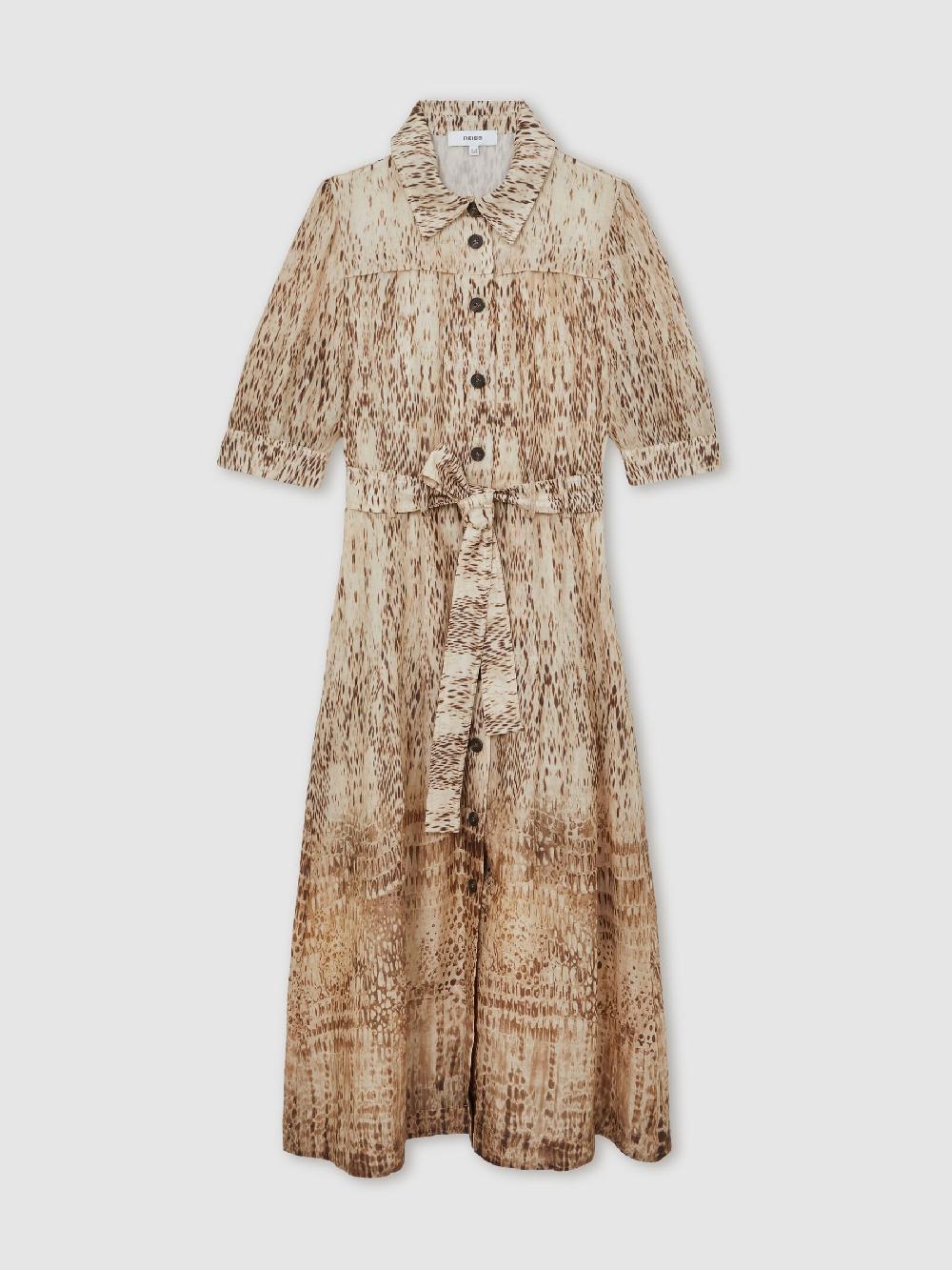 Reiss Animal-Print Belted Shirt Dress In Neutral