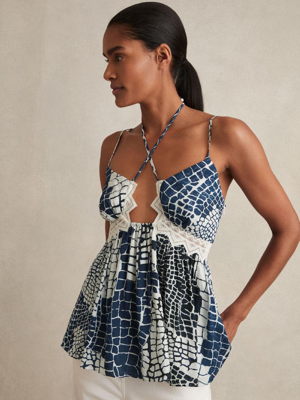 Reiss Animal Print Lace Trim Cami Top In Blue