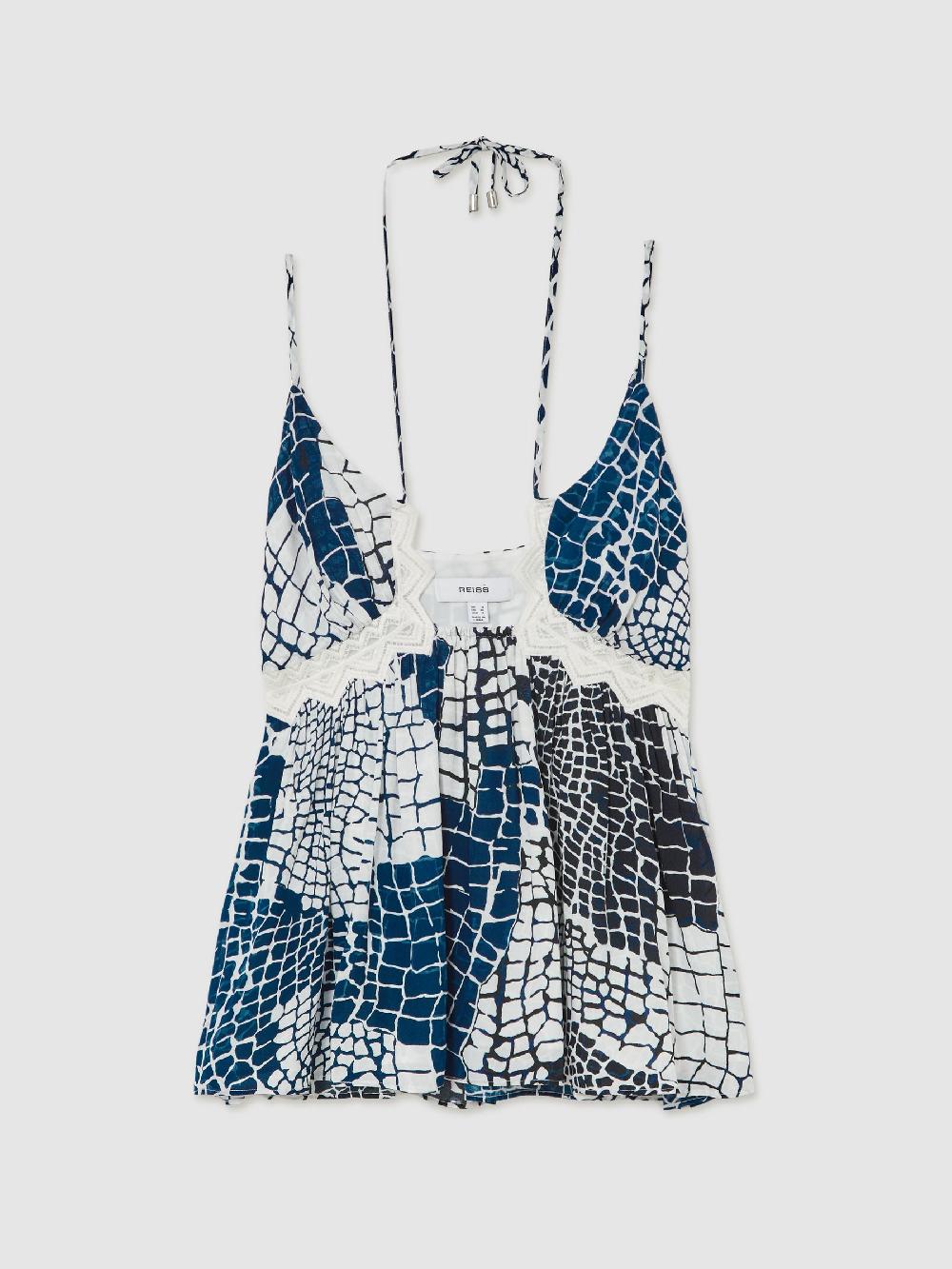 Reiss Animal Print Lace Trim Cami Top In Blue
