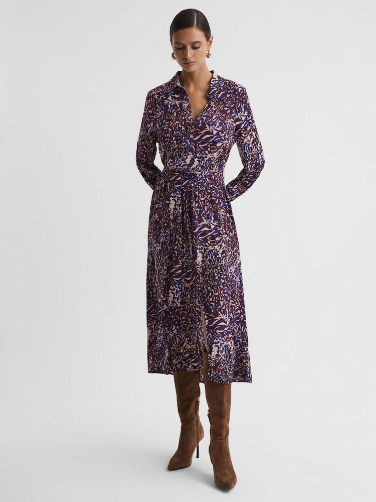 reiss Animal Print Midi Dress in Blue