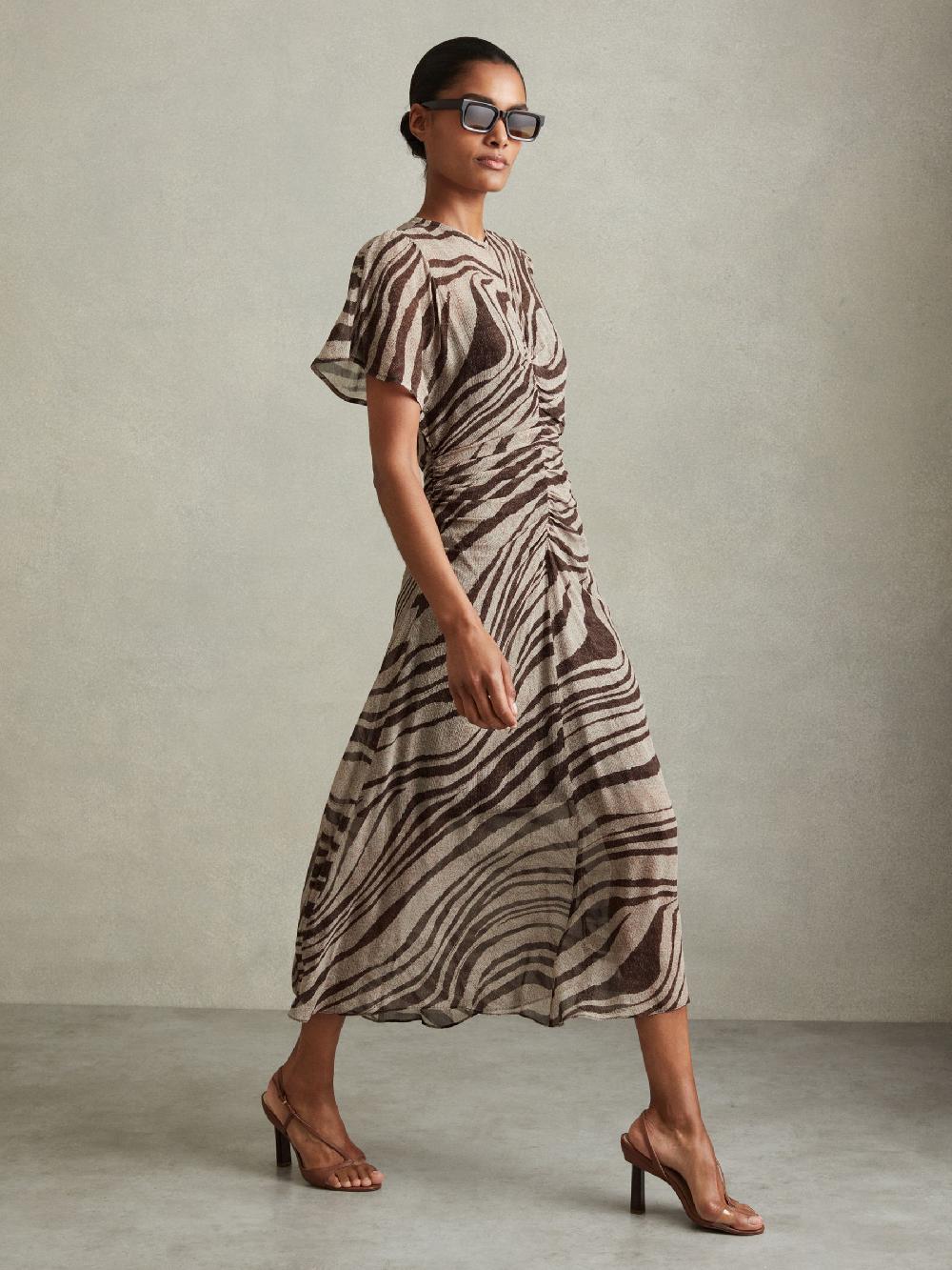 Reiss Animal Printed Midi Dress In Brown/Cream