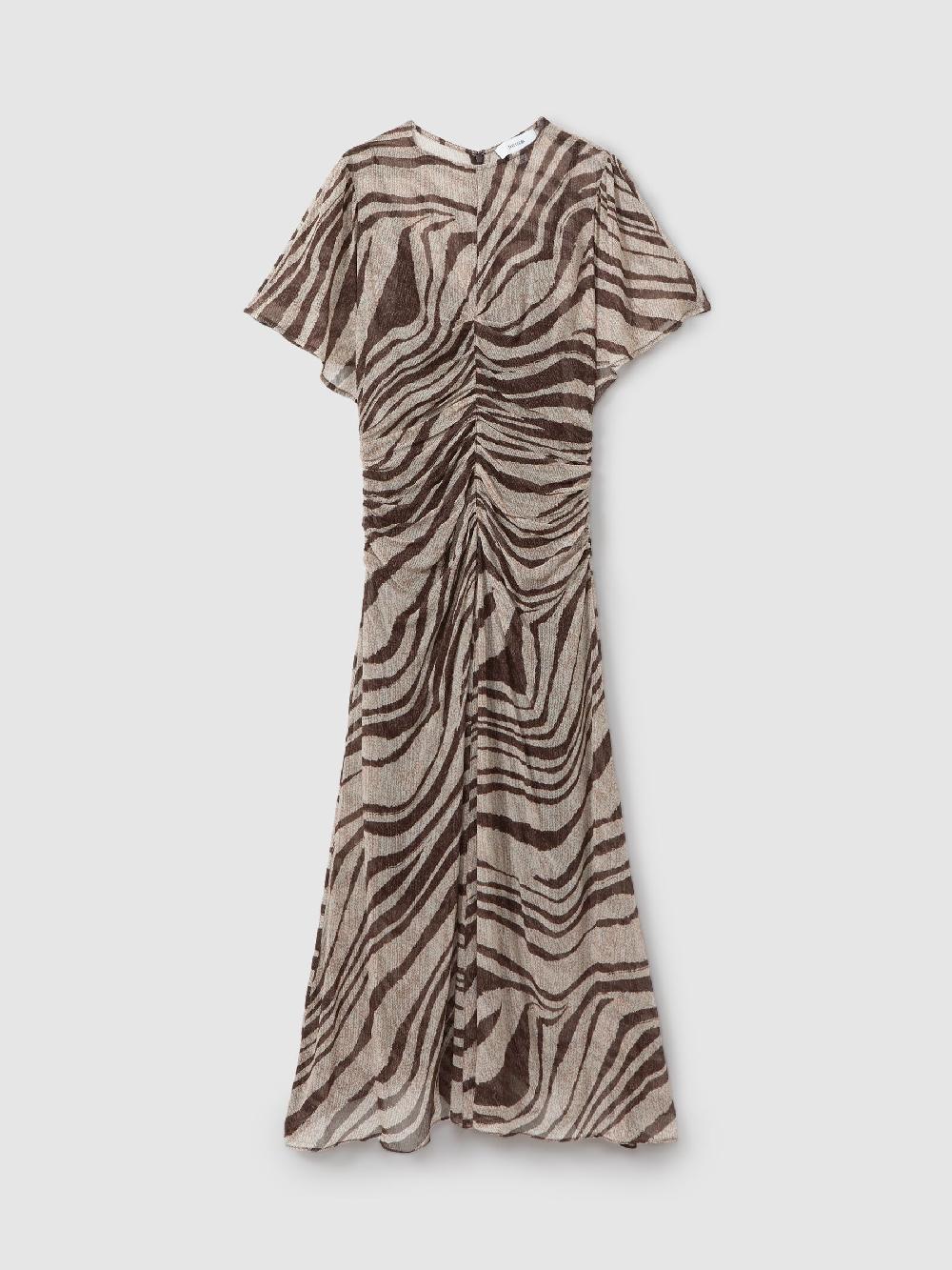 Reiss Animal Printed Midi Dress In Brown/Cream