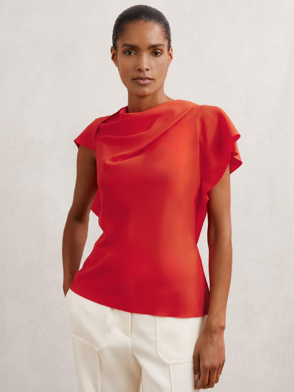 Reiss Asymmetric Drape-Neck Top In Orange