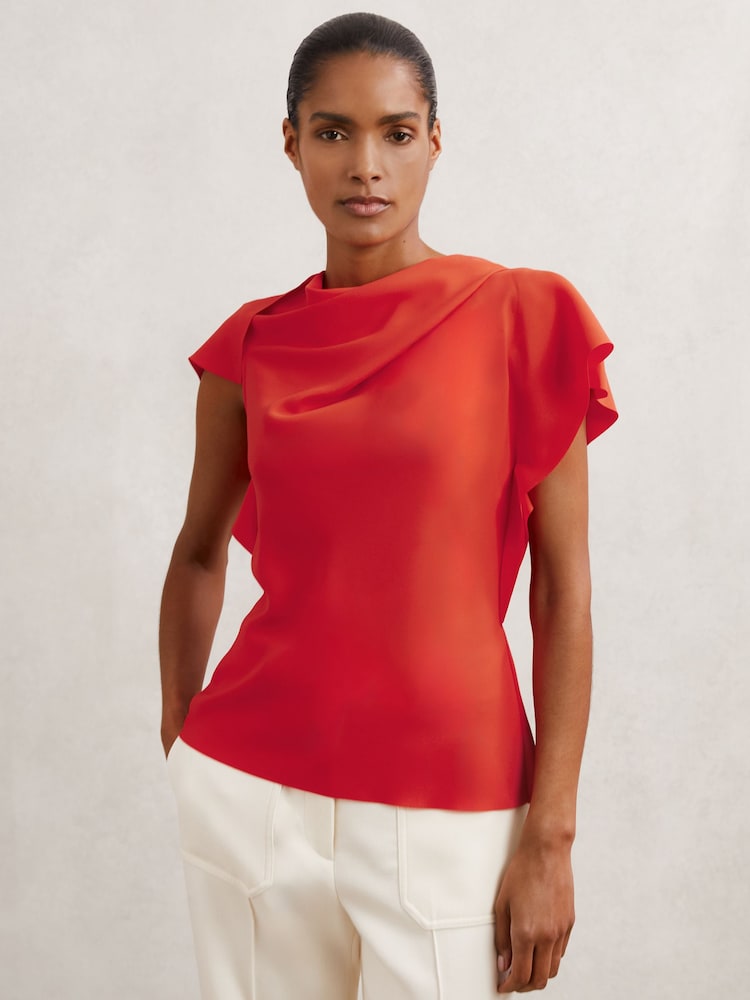 reiss Asymmetric Drape-Neck Top in Orange