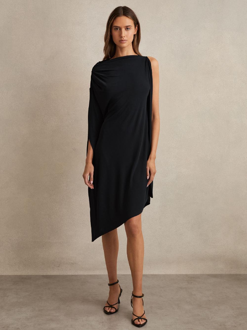 Reiss Asymmetric Draped Jersey Dress In Navy/Black