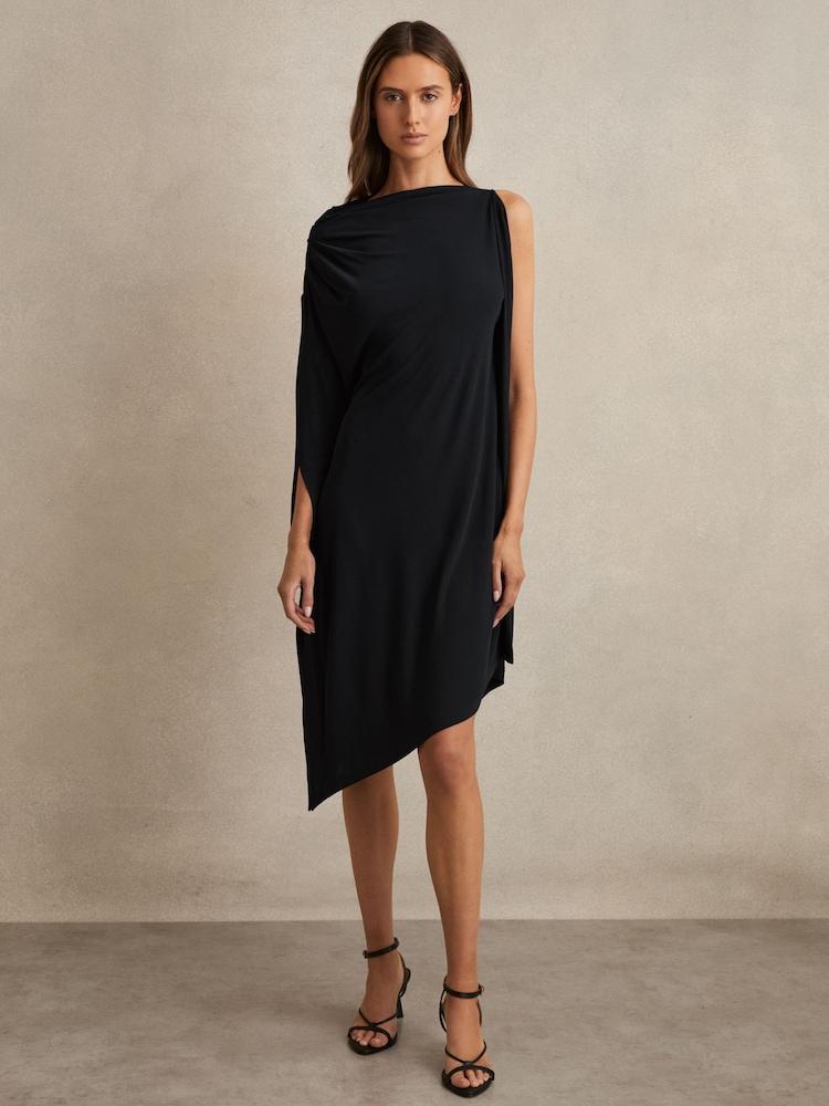 reiss Asymmetric Draped Jersey Dress in Navy/Black