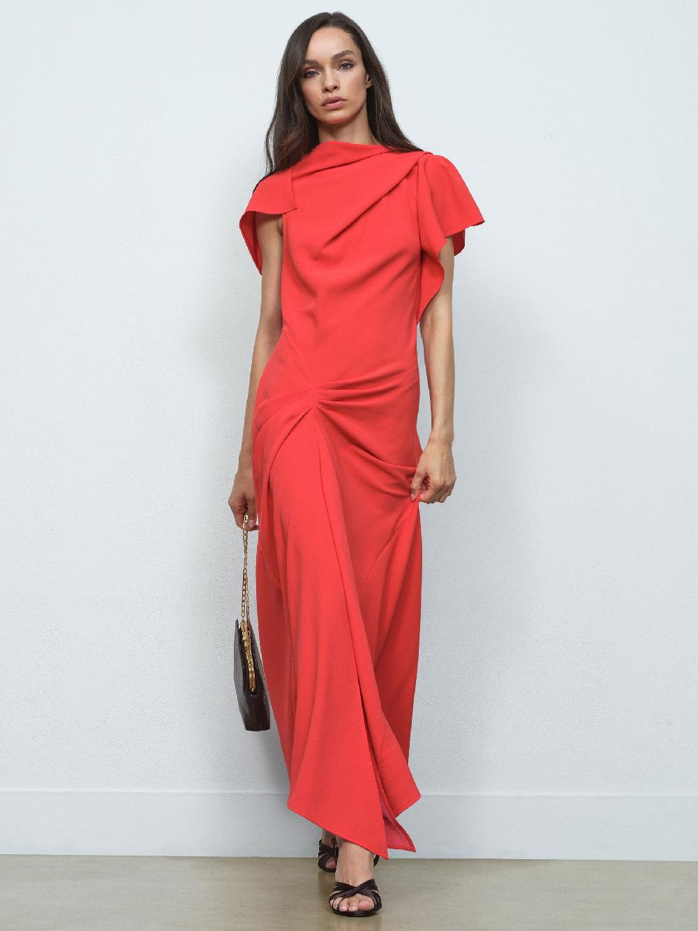 Reiss Asymmetric Draped Midi Dress In Orange