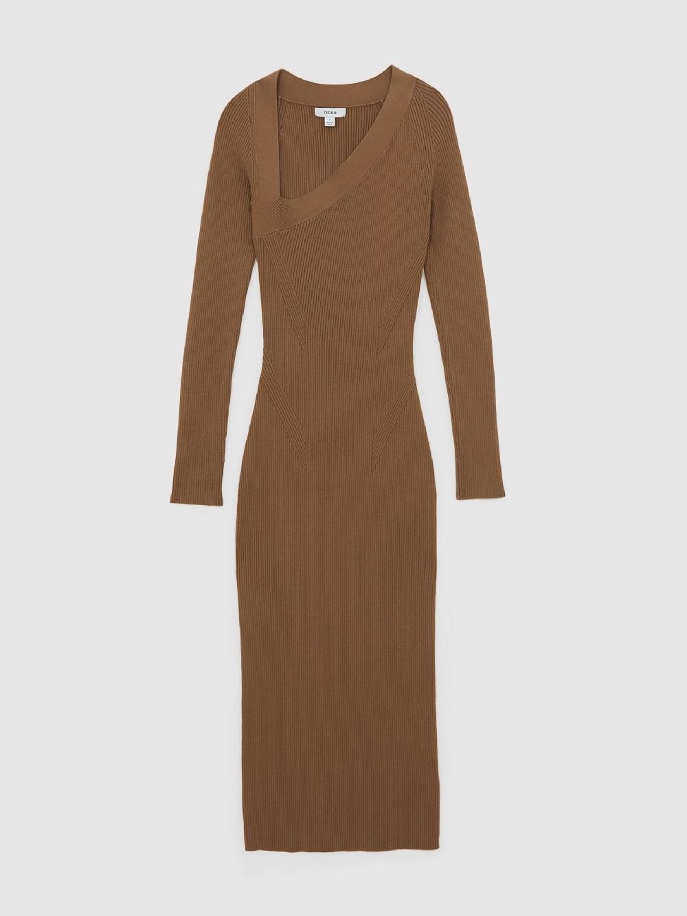 Reiss Asymmetric-Neck Rib-Knit Midi Dress In Camel