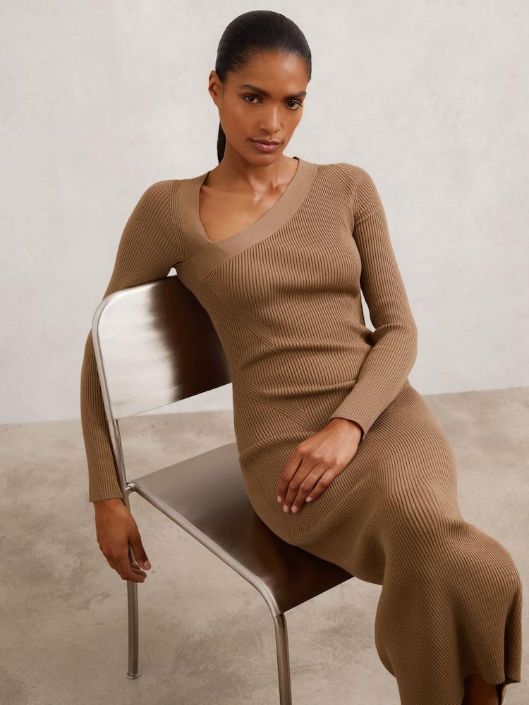 reiss Asymmetric-Neck Rib-Knit Midi Dress in Camel