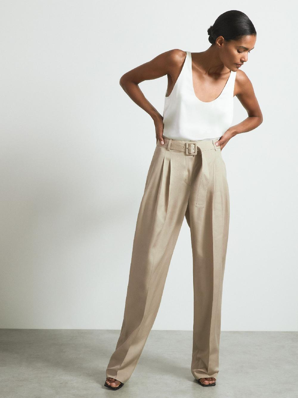 Reiss Atelier Belted Wide Leg Trousers In Neutral