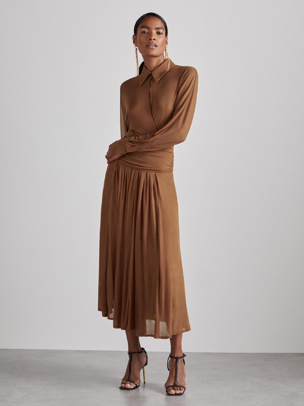 Reiss Atelier Gathered-Georgette Maxi Dress In Tan
