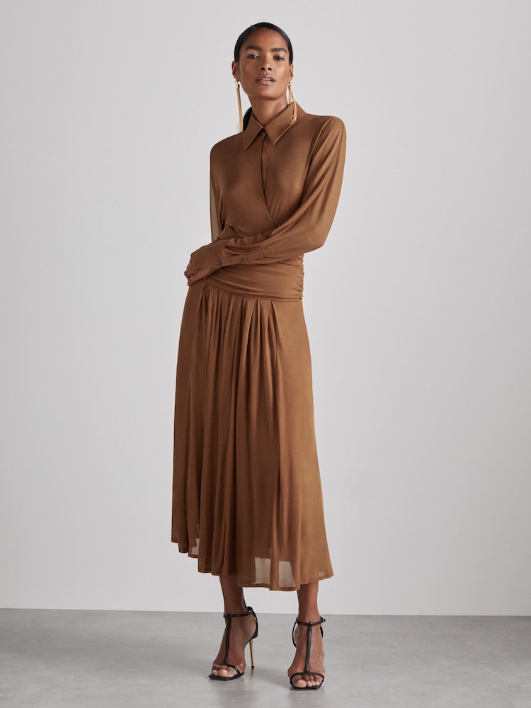 reiss Atelier Gathered-Georgette Maxi Dress in Tan