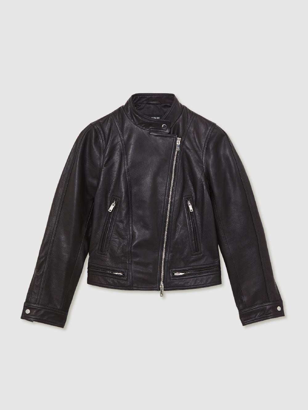 Reiss Atelier Leather Biker Jacket In Black