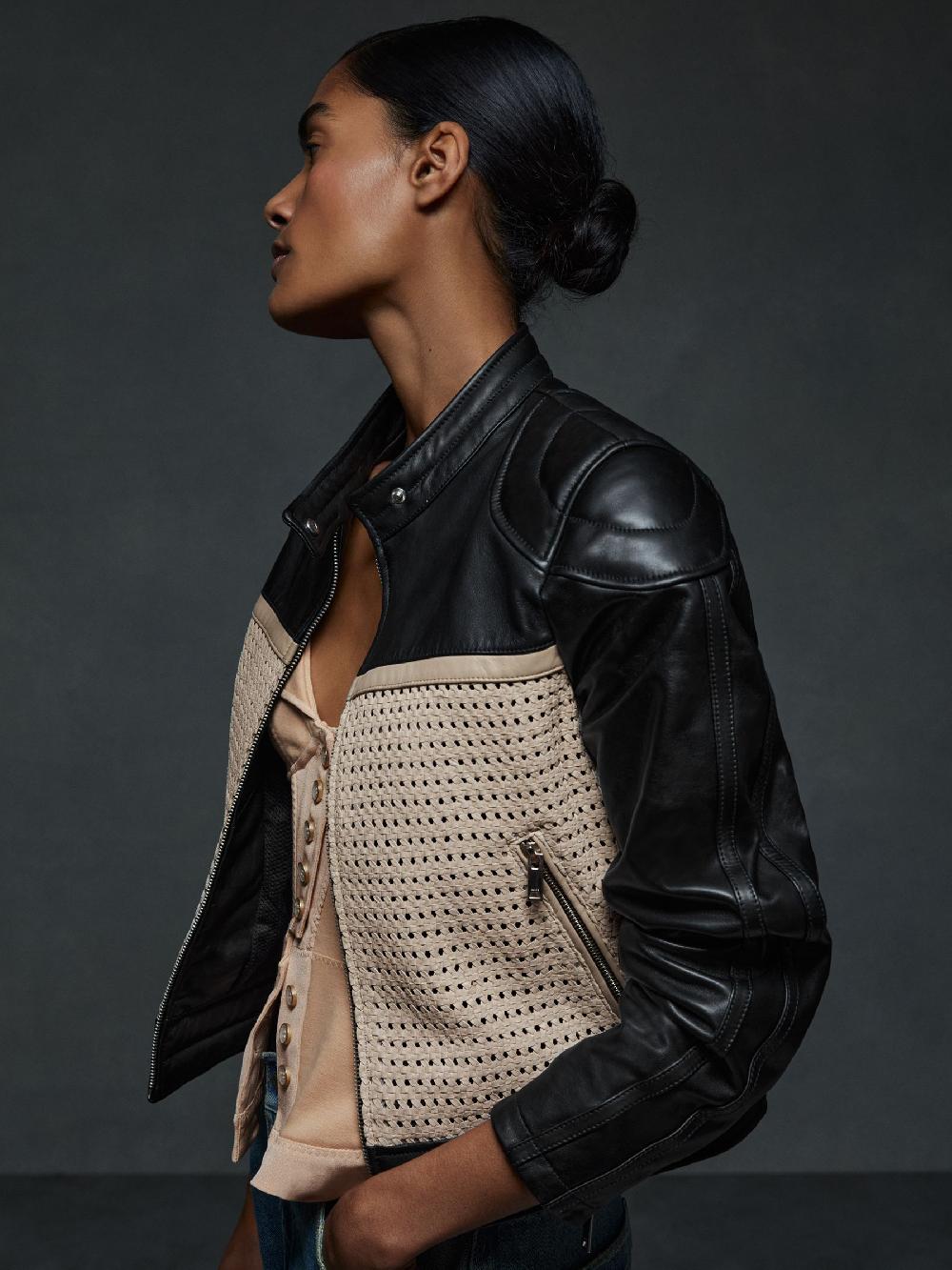 Reiss Atelier Leather Woven Biker Jacket In Black