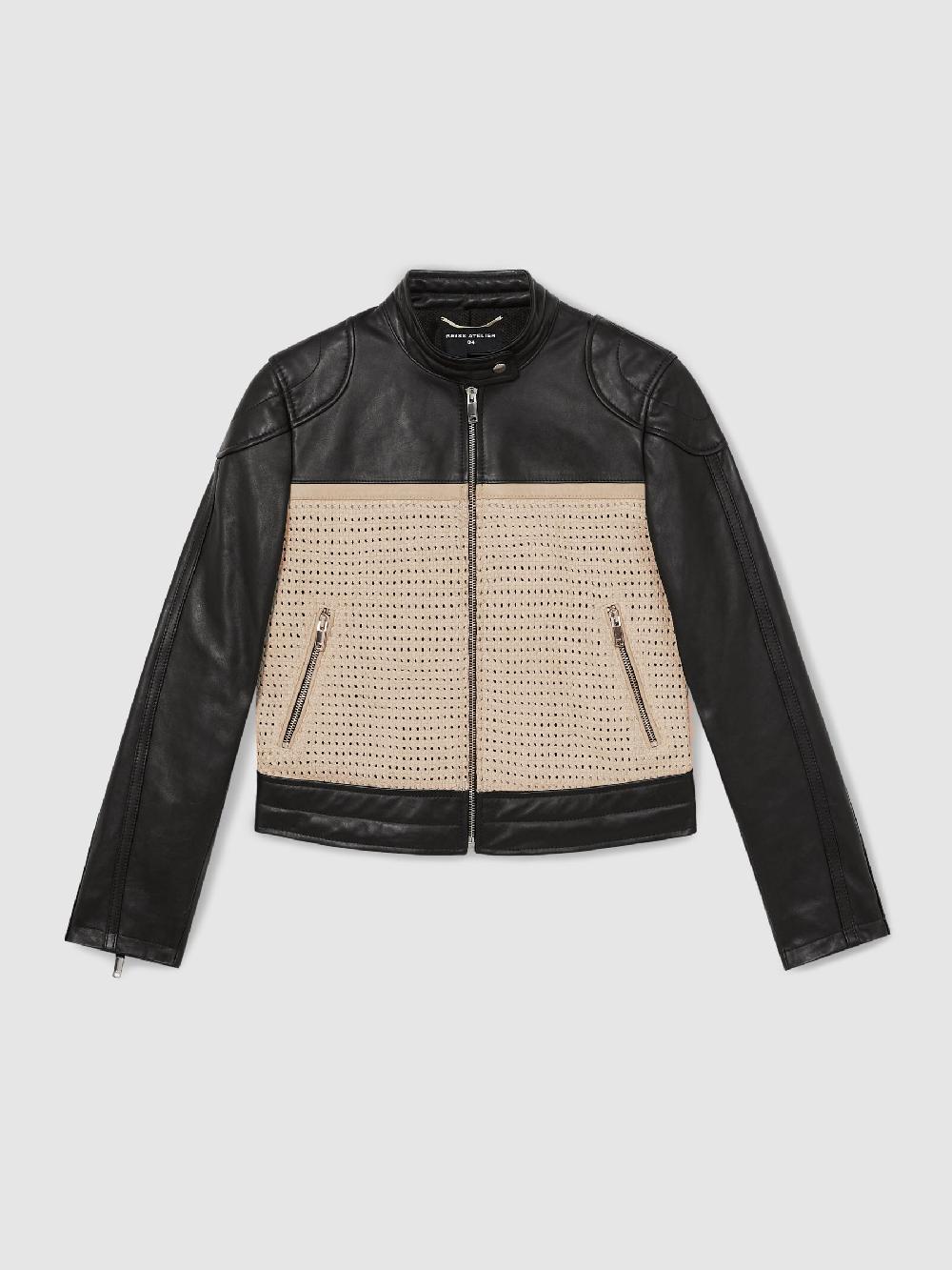 Reiss Atelier Leather Woven Biker Jacket In Black